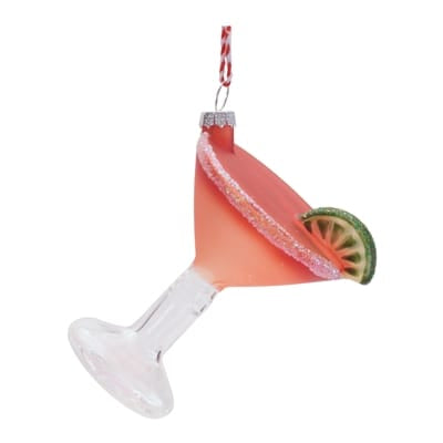 Glass strawberry margarita cocktail Christmas ornament with lime slice and sugared rim