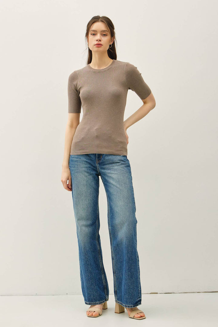 CLASSIC SOLID HALF SLEEVE RIB KNIT TOP