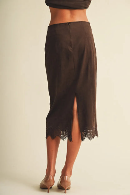 Chocolate brown microsuede midi skirt with scalloped lace hem trim and back slit