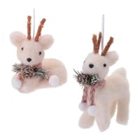 Two flocked white and pink deer ornaments with pine cone scarves and antlers