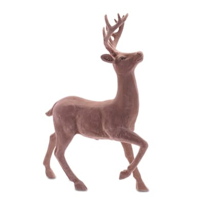 Flocked brown resin deer figurine with antlers in a stepping pose