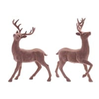 Set of two brown flocked resin standing deer figurines with antlers