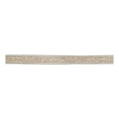 Narrow gold glitter wired polyester ribbon with scalloped edges, 1.5 inches wide