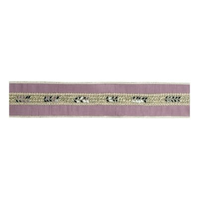 Mauve wired polyester ribbon with gold and black embroidered chevron trim, 2.5 inches wide