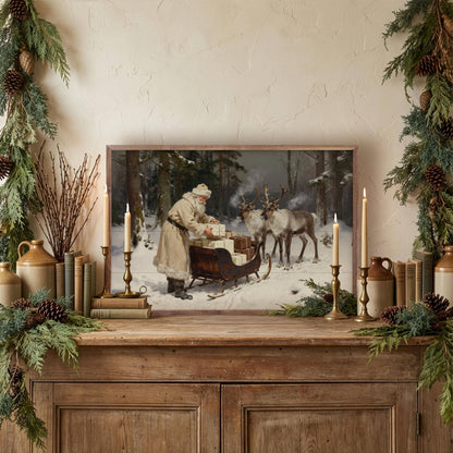 Framed vintage Santa with reindeer sleigh art on rustic wood console with holiday decor