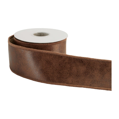 Roll of wide brown distressed leather-look wired ribbon with stitched edges, angled view
