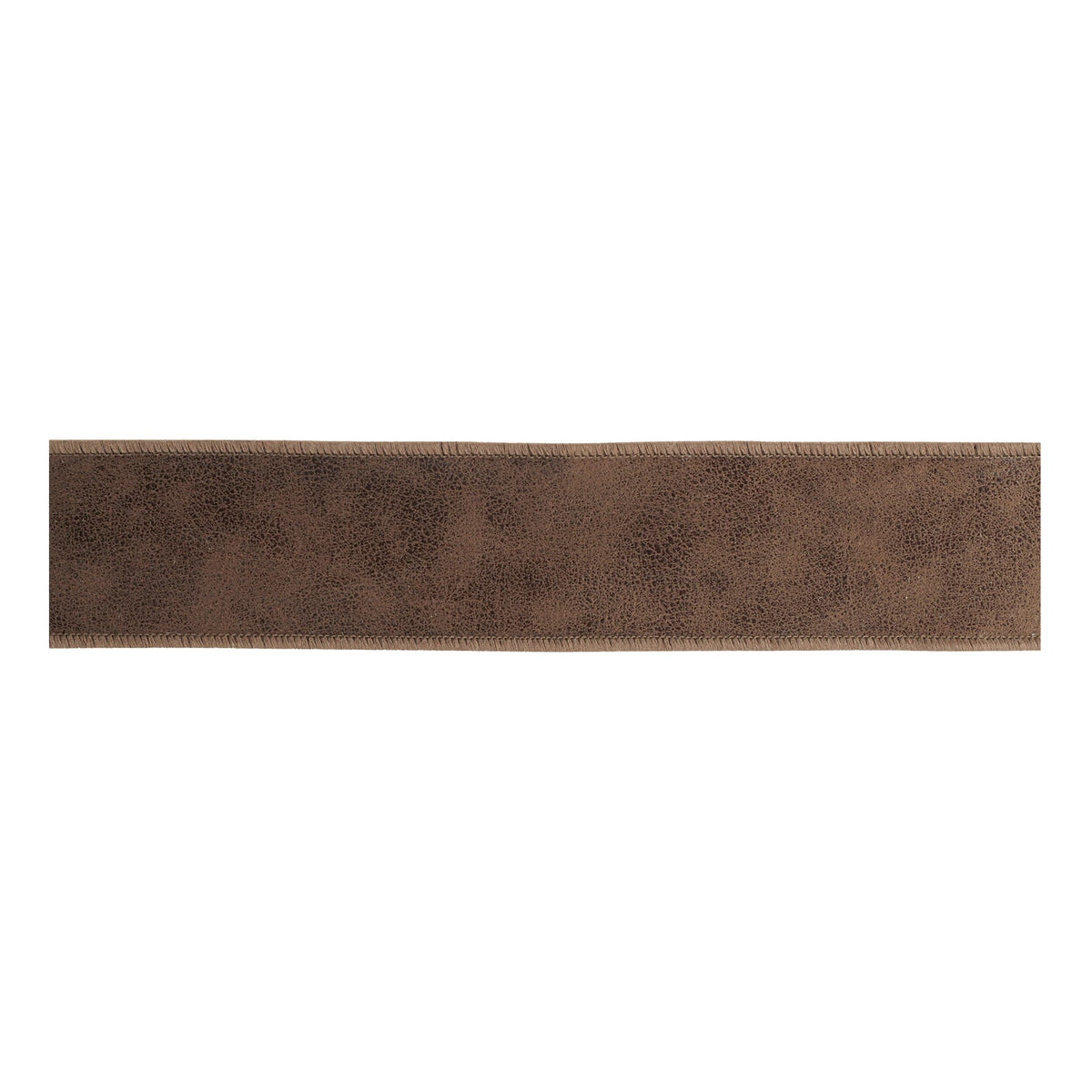 Wide brown distressed leather-textured wired ribbon laid flat, showing stitched edges