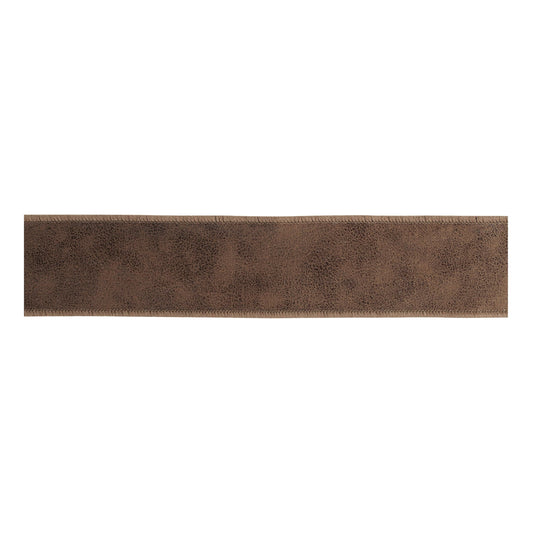 Wide brown distressed leather-textured wired ribbon laid flat, showing stitched edges