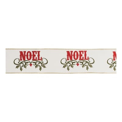 Ivory wired ribbon with red NOEL text and green holly berry print, 4 inches wide