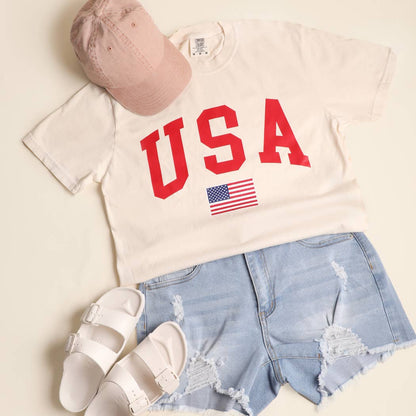 **Pre-Order**  USA American Flag Varsity Garment-Dyed Heavy Cotton T-Shirt