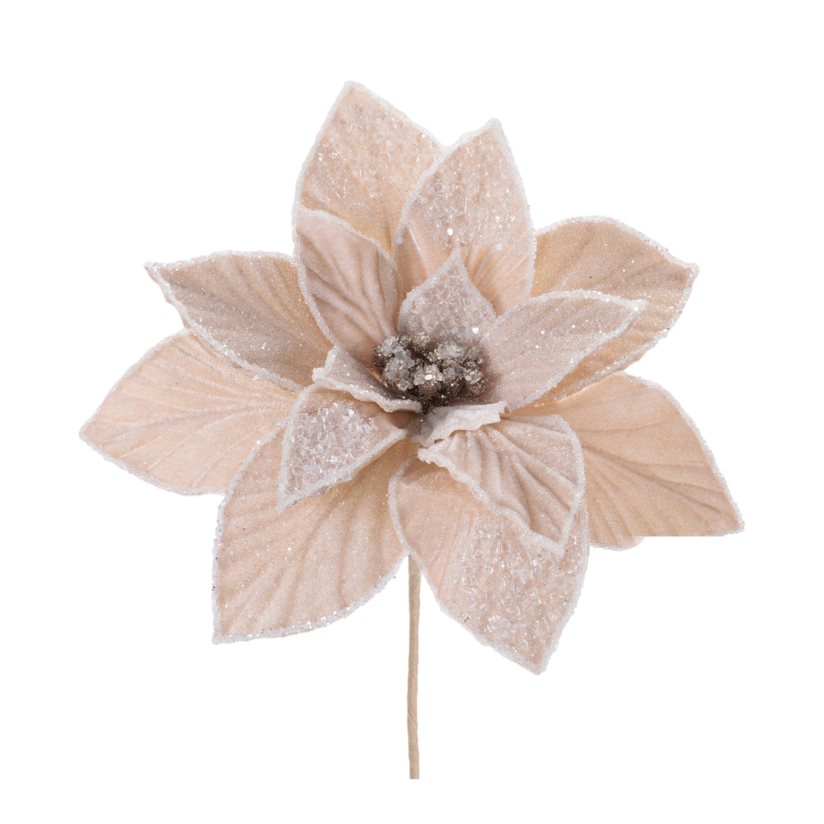 Artificial velvet poinsettia flower with glitter edges and beaded center on a stem