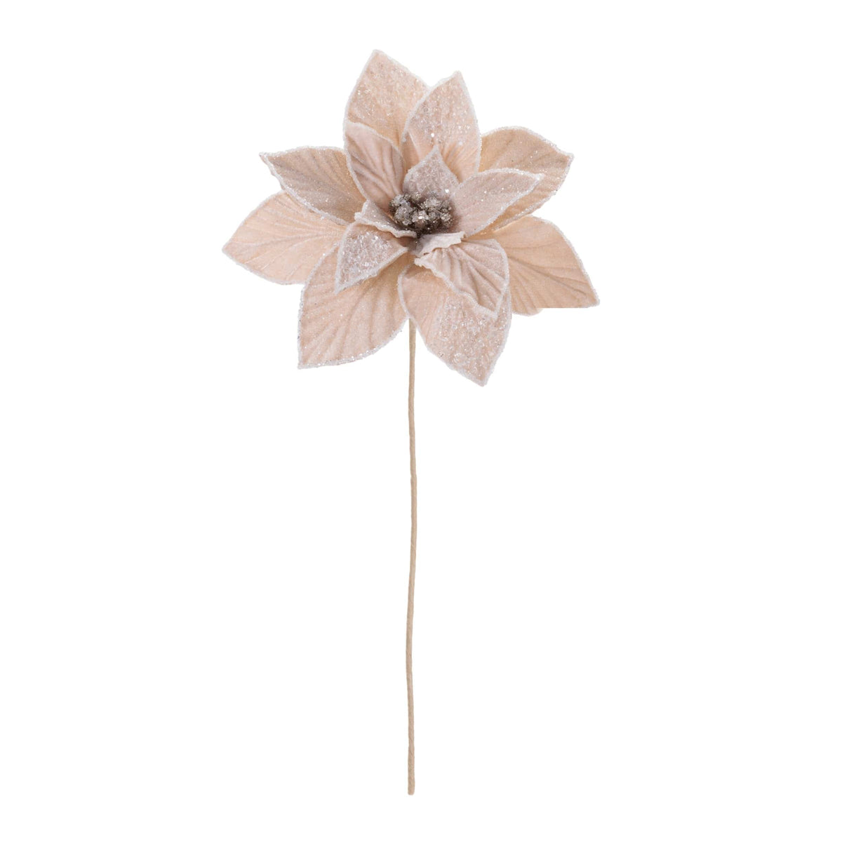 Artificial glittered poinsettia flower on a single stem, front view, blush tone