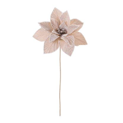 Artificial glittered poinsettia flower on a single stem, front view, blush tone