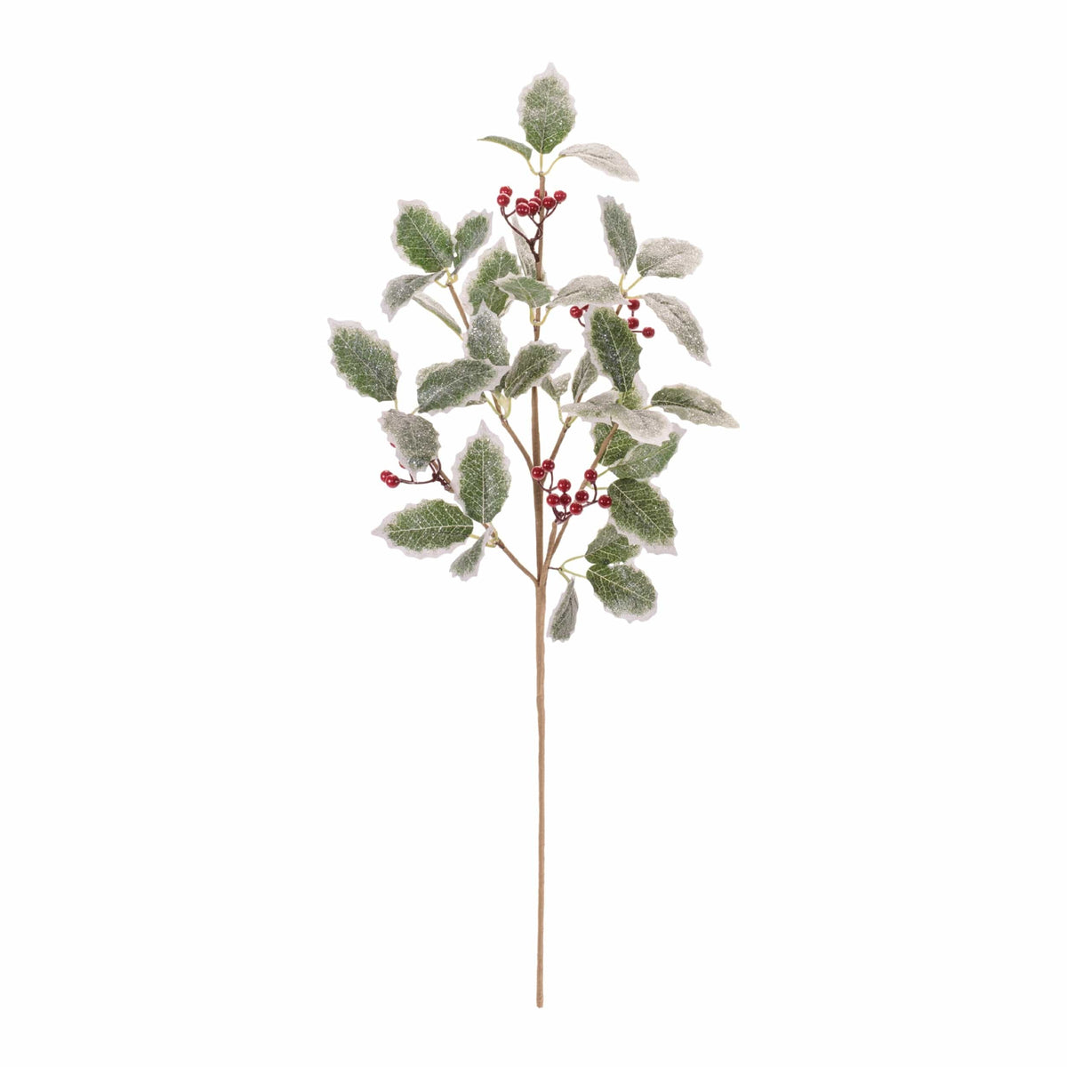 Frosted holly branch spray with green leaves, red berries, and glittery snow effect