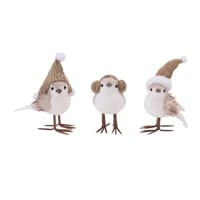 Three white felt winter birds wearing knit hats, brown feather accents, metal legs