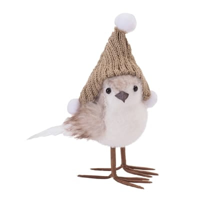 White and beige felt bird figurine wearing a knit winter hat with pompoms