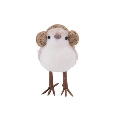 White felt decorative bird figurine with burlap earmuffs and twig legs
