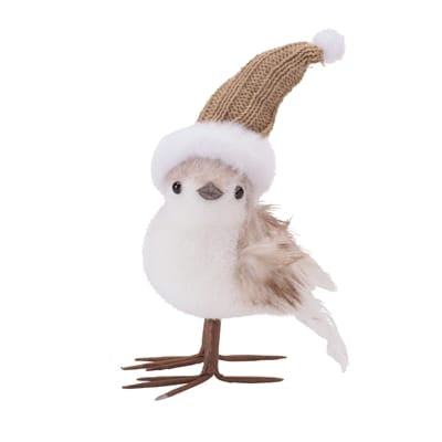 White felt decorative bird figurine wearing a tan knit winter Santa hat
