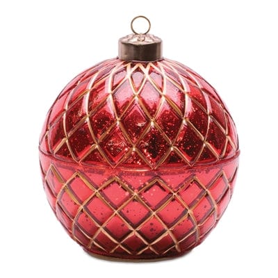 Red mercury glass Christmas ornament with gold diamond lattice pattern and copper cap