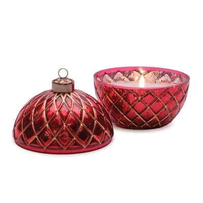 Red mercury glass ornament candle holder with gold diamond pattern, lid shown separately