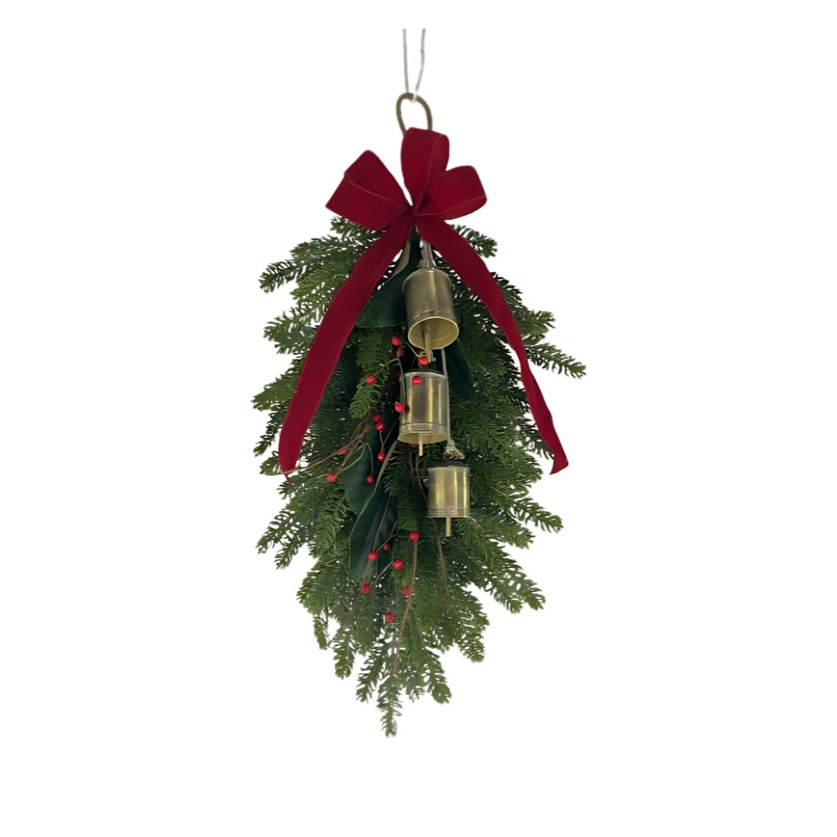 32-inch artificial pine swag with gold bells, red velvet bow, and berry accents