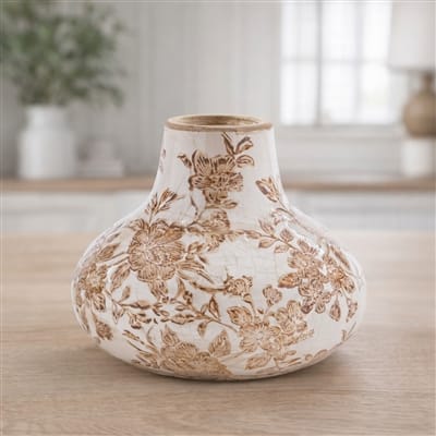 4" H Brown & Cream  Floral Ceramic Vase