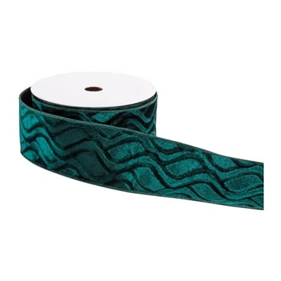 Wired dark teal green polyester ribbon roll with black wave pattern, 2.5 inch width