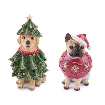 Two festive dog figurines dressed as a Christmas tree and ornament with Santa hat