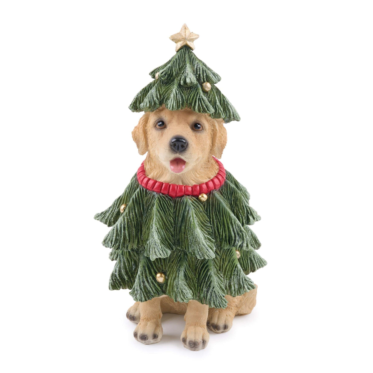 Resin golden retriever figurine wearing a Christmas tree costume with gold ornaments and star topper