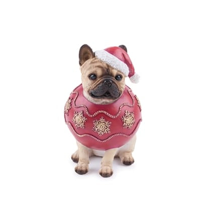Resin French Bulldog figurine wearing red ornament sweater and Santa hat