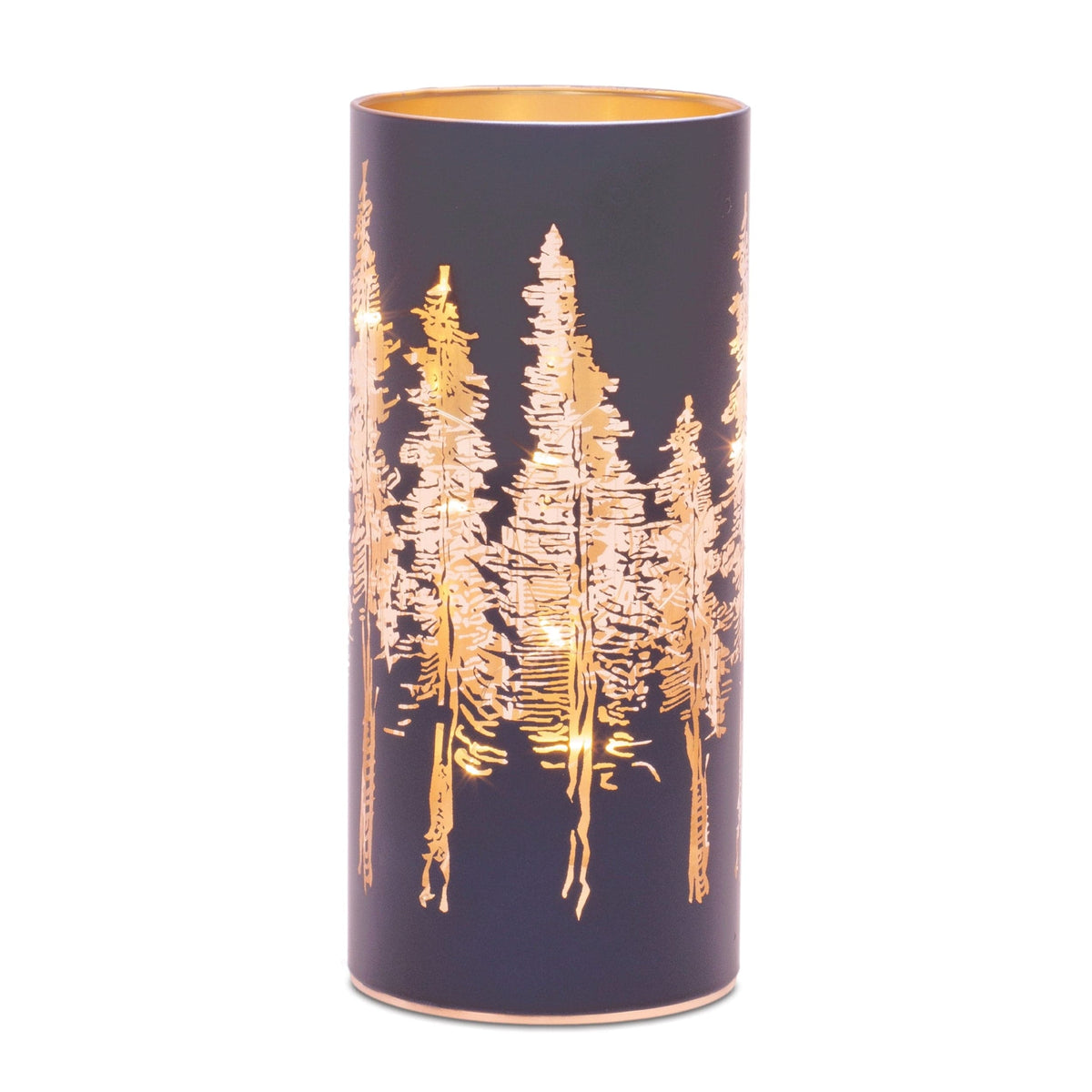 Cylindrical navy luminary with glowing gold pine tree forest design, front view