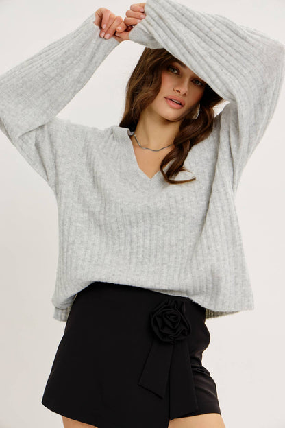 Cloud Soft Oversized Ribbed Sweater Top With Bell Sleeves