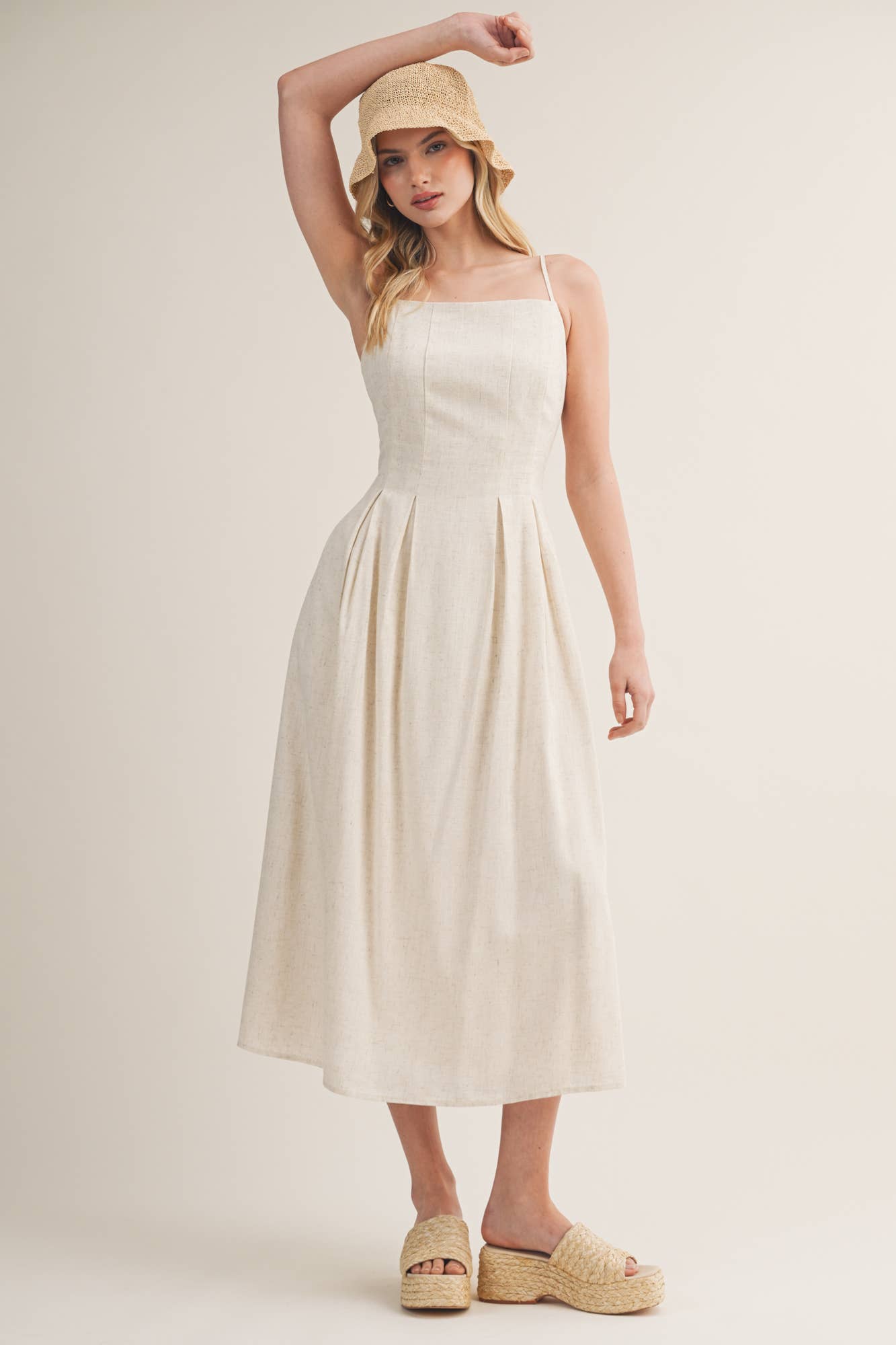 Seamed Bodice Pleated Midi Dress