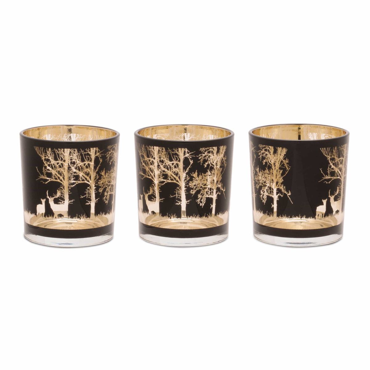 Set of three black and gold glass votive holders with woodland deer and tree silhouette design