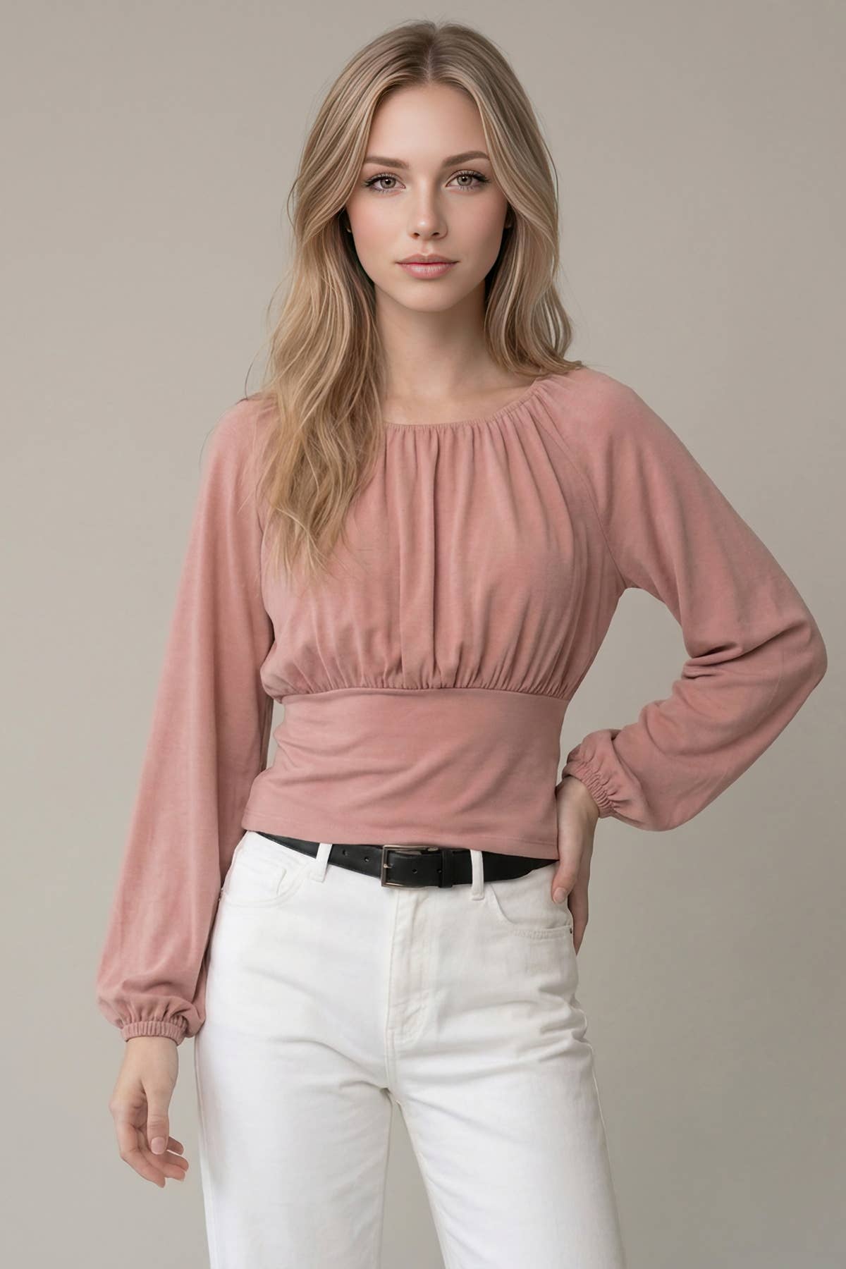 SOFT BRUSHED KNIT FLOWY RUCHED BALLOON SLEEVE TOP - 45980T