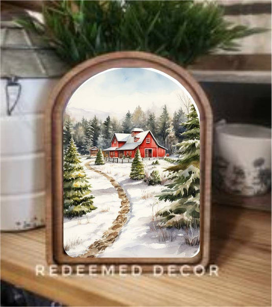 Arch Top Christmas Tree Farm Barn Framed Art