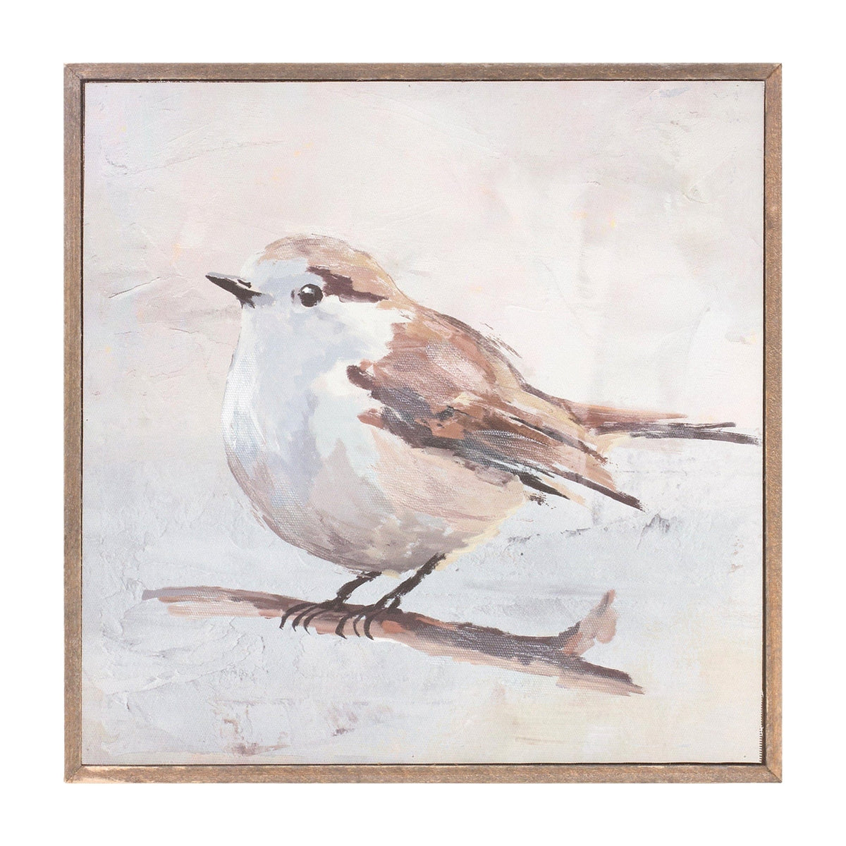 Framed canvas painting of a small brown and white bird perched on a branch