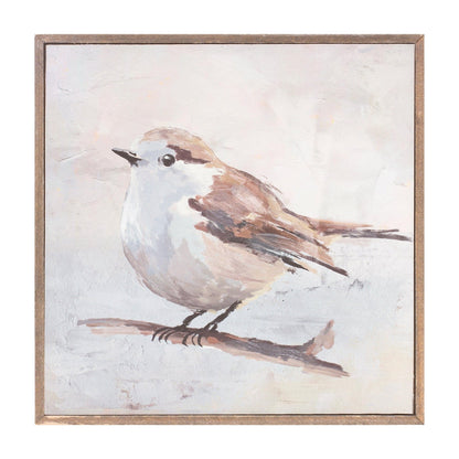 Framed canvas painting of a small brown and white bird perched on a branch