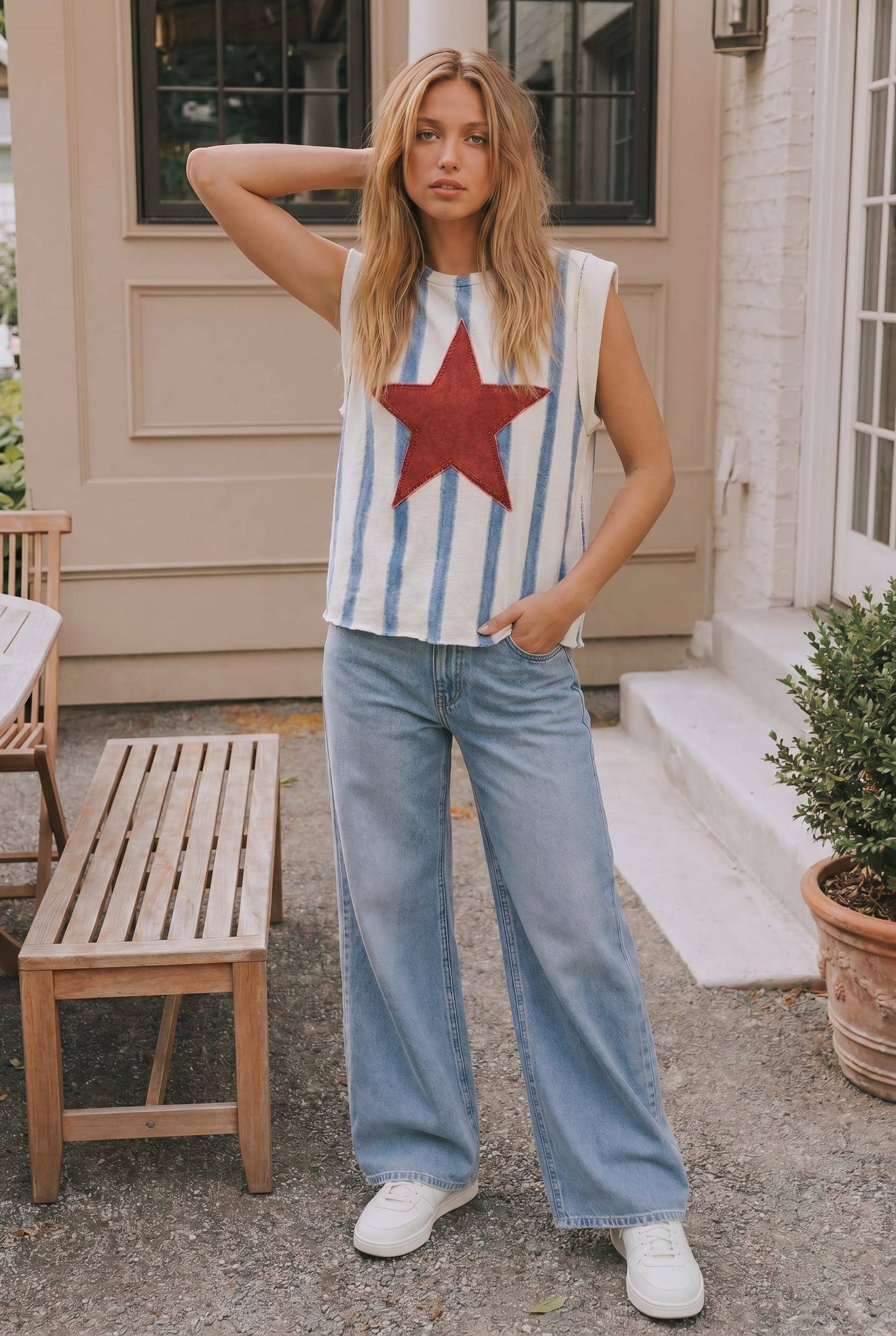 **Pre-Order**  Star Patch Striped Sleeveless Knit Top