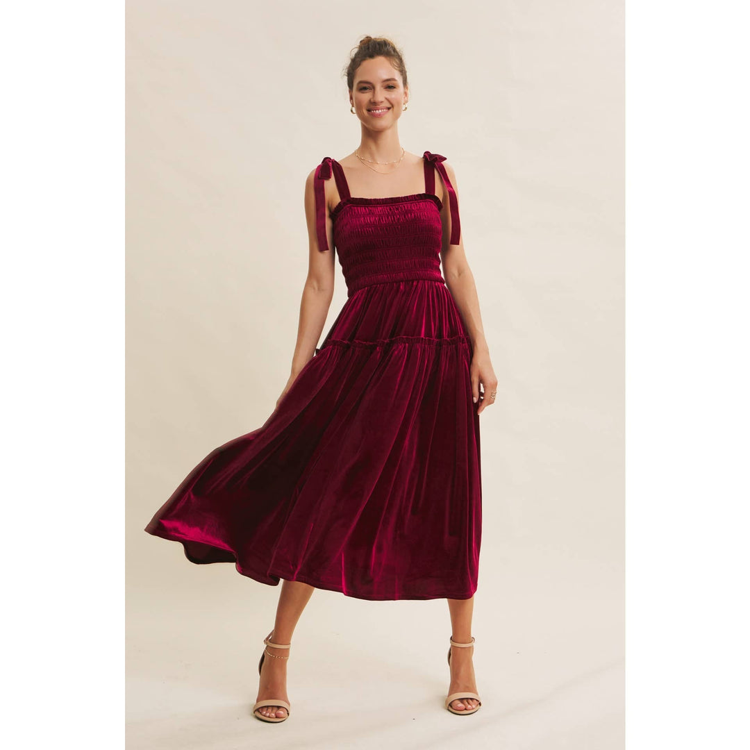 HOLIDAY CLASSIC VELVET SMOCKED MIDI DRESS WITH POCKETS