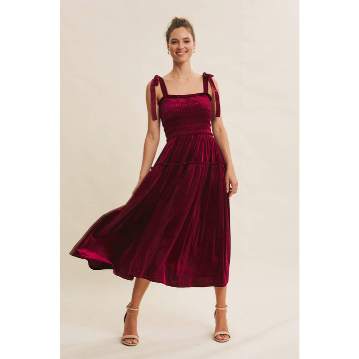 HOLIDAY CLASSIC VELVET SMOCKED MIDI DRESS WITH POCKETS