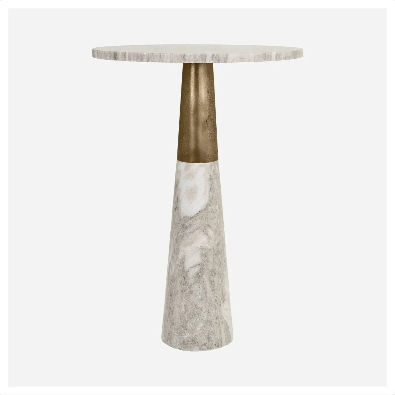 Round marble cocktail table with conical base and aged brass accent collar