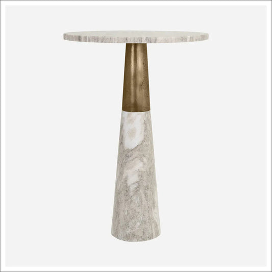 Round marble cocktail table with conical base and aged brass accent collar
