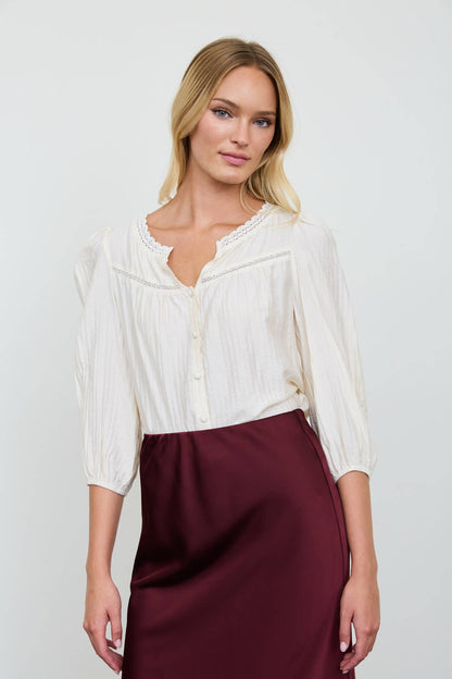 LACE YOKE BUTTON DOWN 3/4 SLEEVE TOP