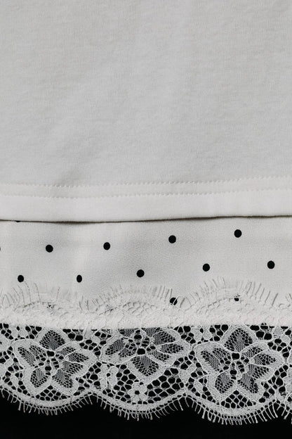Cropped Boxy Tee with Contrast Polka Dot Lace Trim