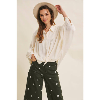 Crinkled Button-Down Oversized Shirt with Dolman Sleeves