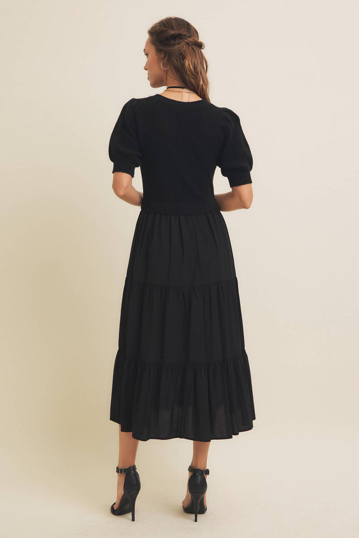 Mixed Media Sweater Midi Dress With Woven Skirt