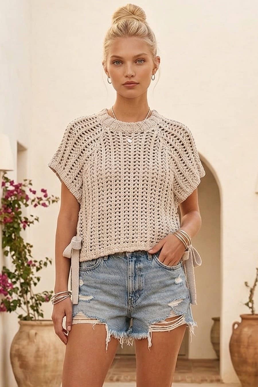 Oatmeal chunky knit crochet sweater top with side tie details and open weave texture