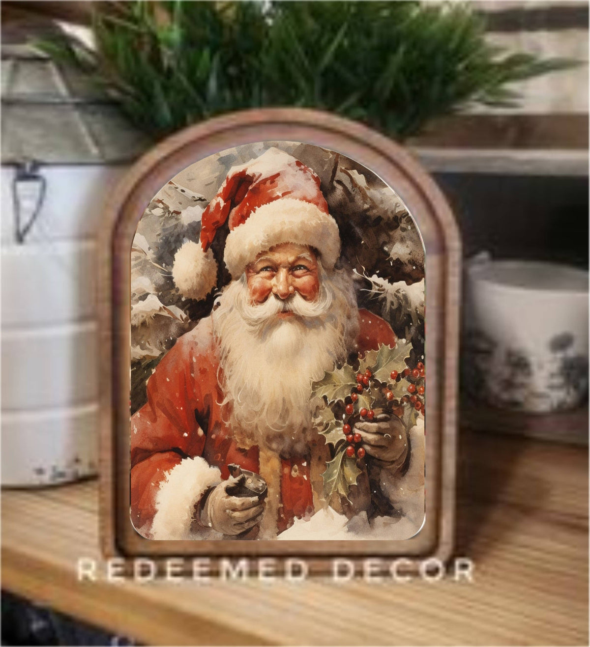 Vintage-style Santa Claus holding holly berries in arched wood frame on shelf