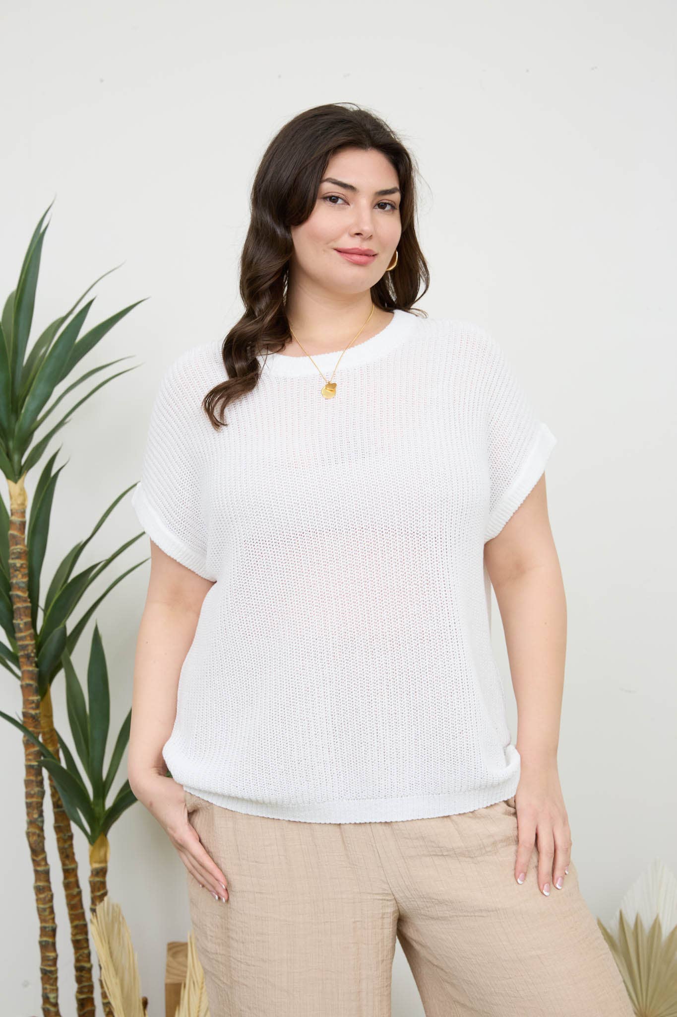 PLUS SHEER KNIT CREW NECK BATWING SWEATER TOP